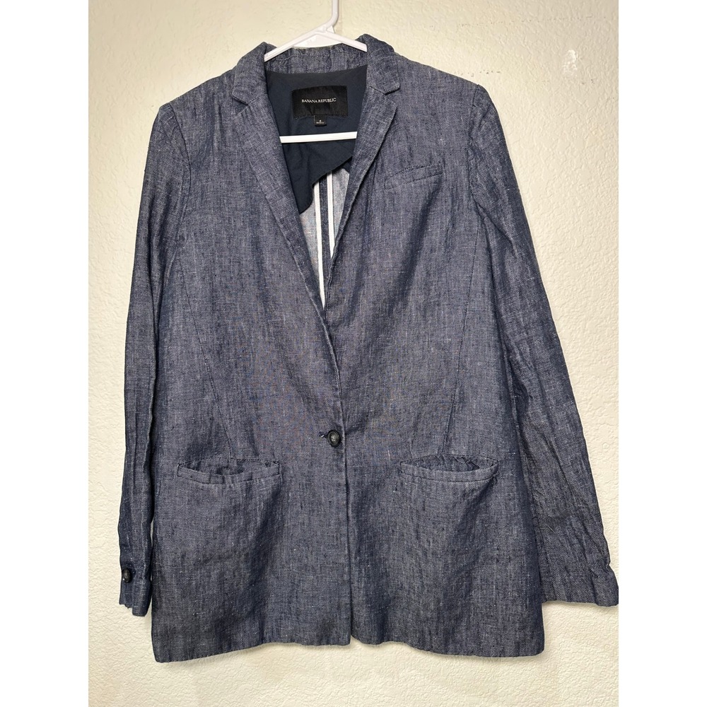 Banana Republic Womens 4 Blue 100% Linen Single Button Blazer Jacket Indigo‎